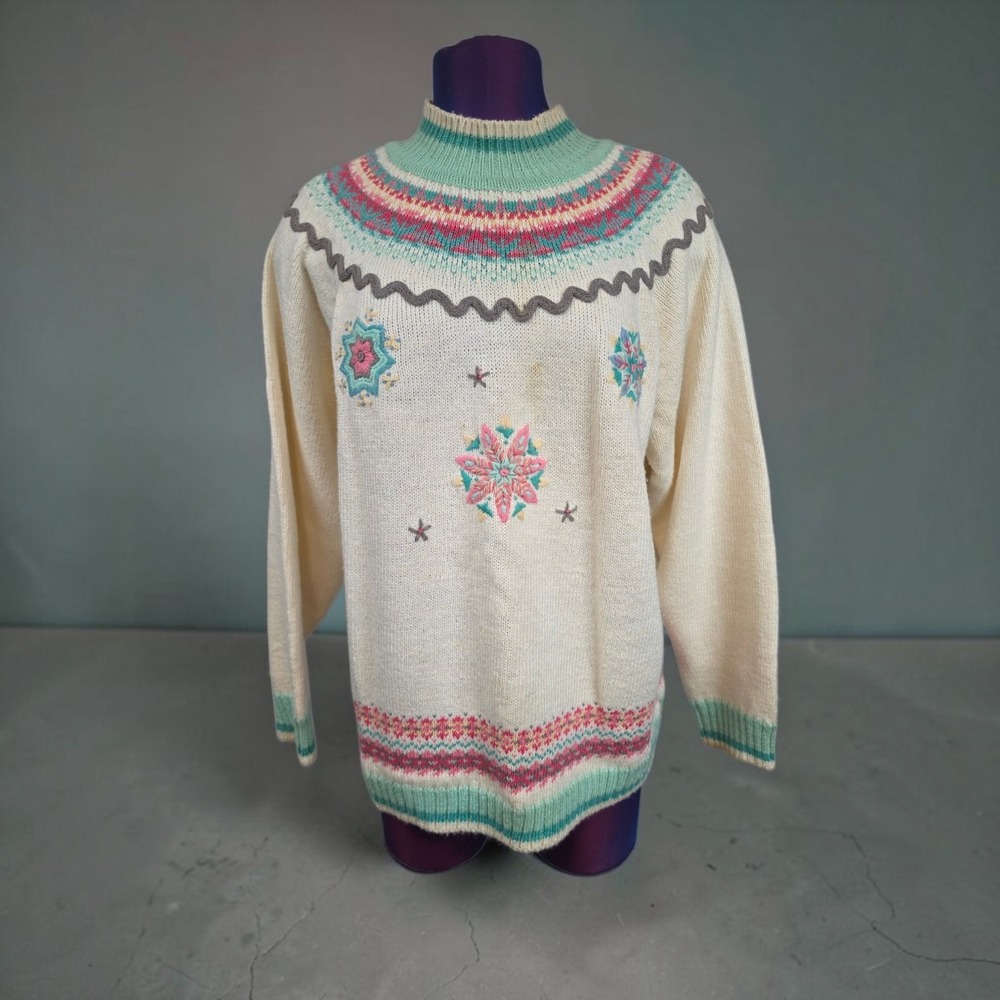 Koret Women Cream Fair Isle Floral Embroidered Mock Neck Sweater Large Vintage